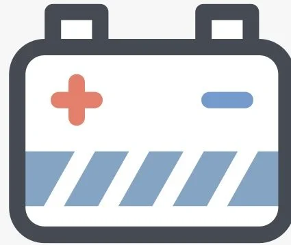 Icon of a medical battery with a red plus sign on the left and a blue minus sign on the right.