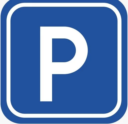 Blue parking sign with white letter P inside a white border.
