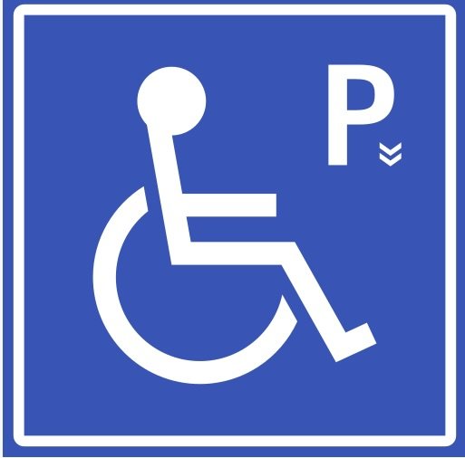 Blue parking sign with wheelchair symbol and letter P for parking.