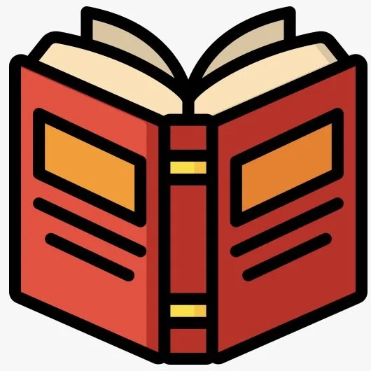 Illustration of an open red book with orange and yellow pages and black outlines
