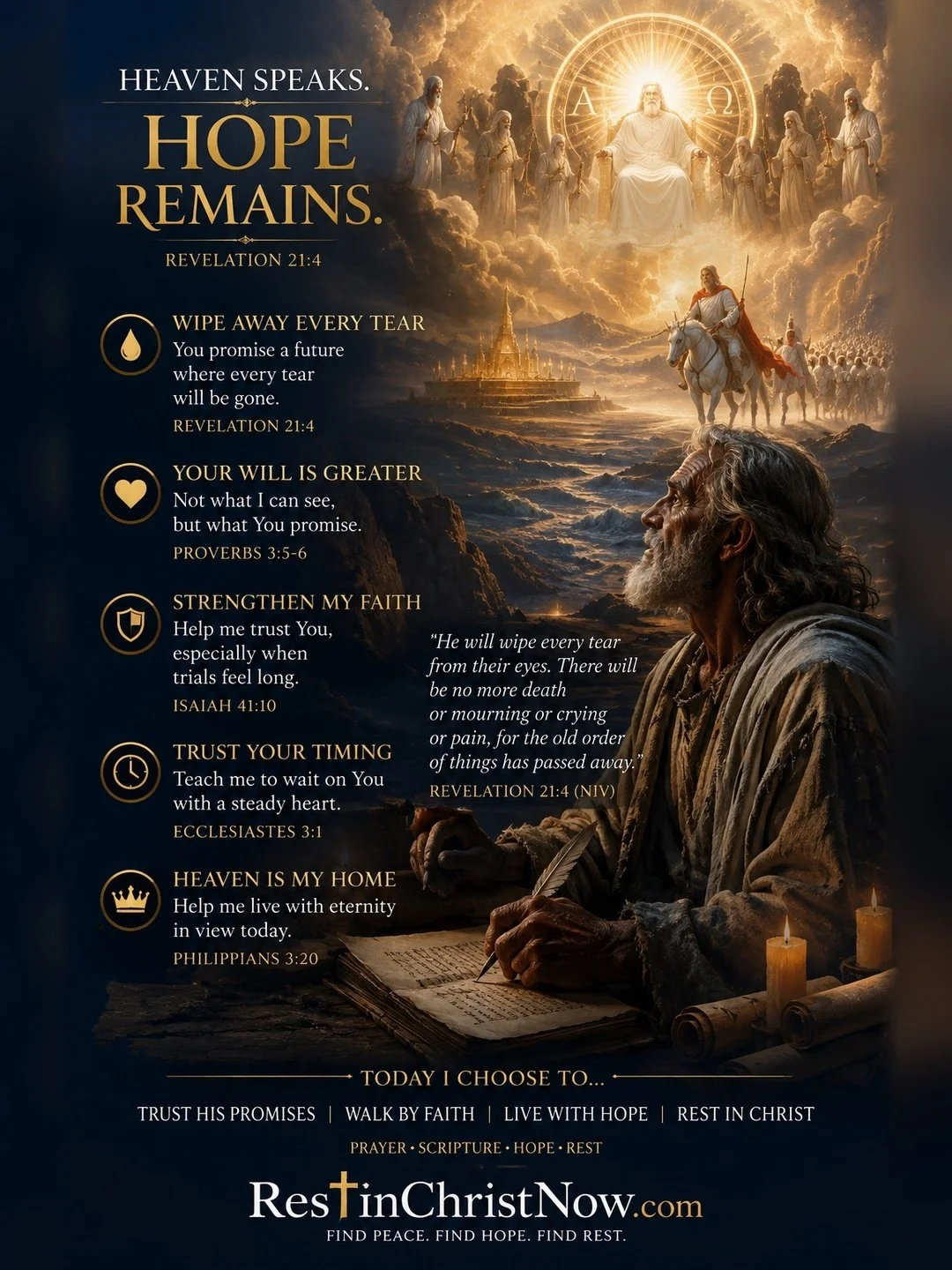 A religious illustration of heaven with Jesus Christ and angels, a battlefield scene with a soldier on a horse, a Bible and candles, and a man praying, with biblical quotes and themes of hope and faith.
