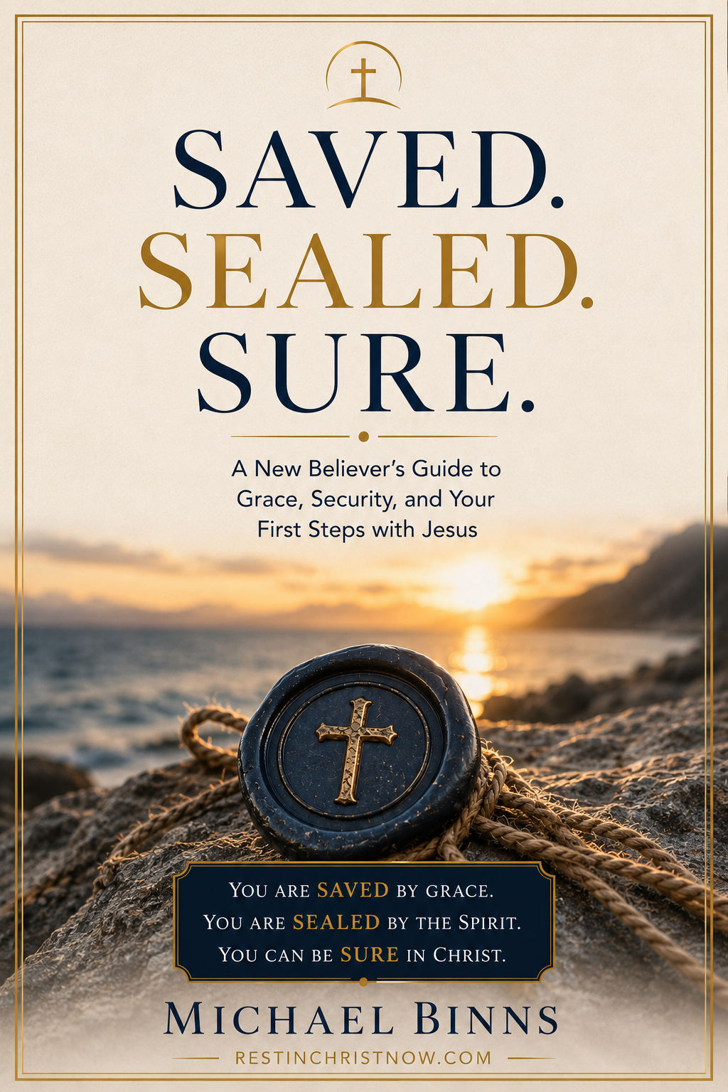 Christian book cover titled “Saved. Sealed. Sure.” by Michael Binns, featuring a cross-emblazoned seal on a rocky beach at sunset.