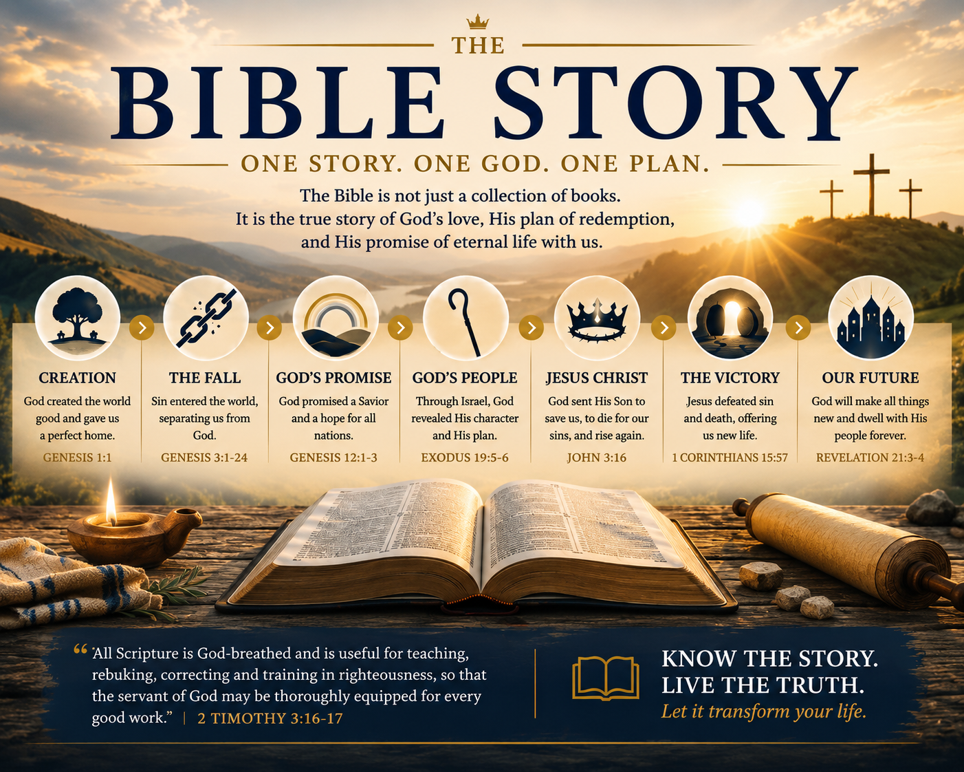Infographic titled 'The Bible Story' with a sunset background and three crosses on a hill. It presents the major themes of the Bible in a timeline: Creation, The Fall, God's Promise, God's People, Jesus Christ, The Victory, and Our Future, each with a brief description and corresponding Bible verse.