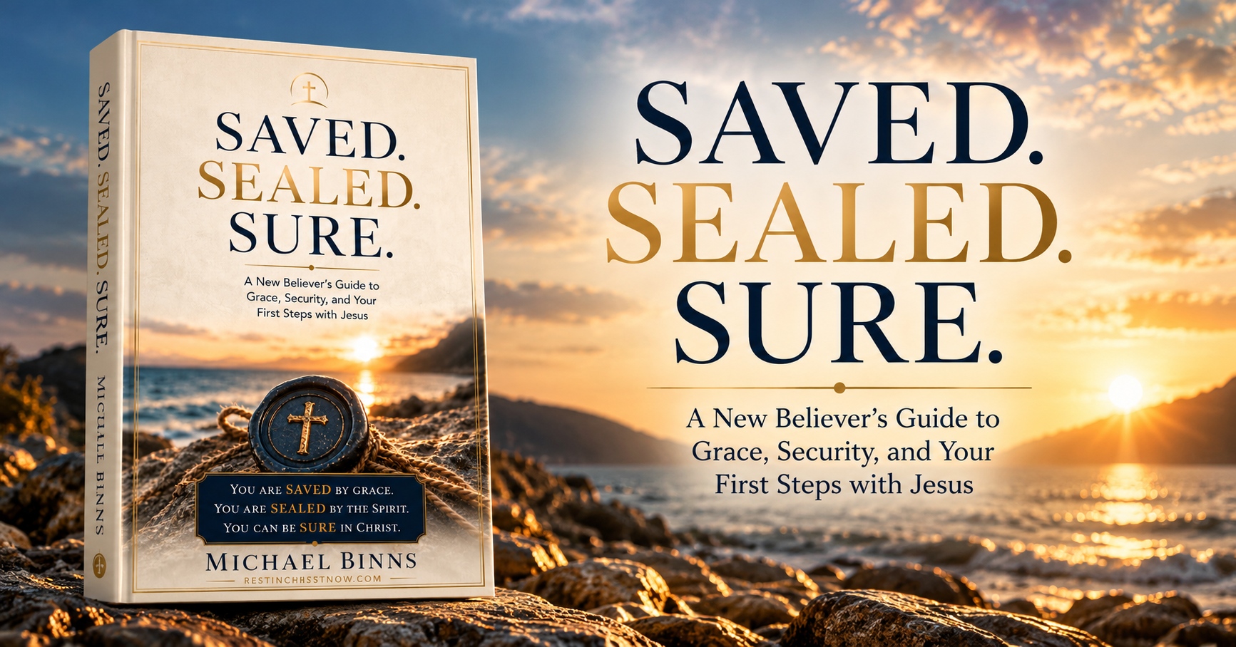 Christian book titled “Saved. Sealed. Sure.” by Michael Binns on coastal rocks at sunset, with the book’s subtitle and title displayed beside it.