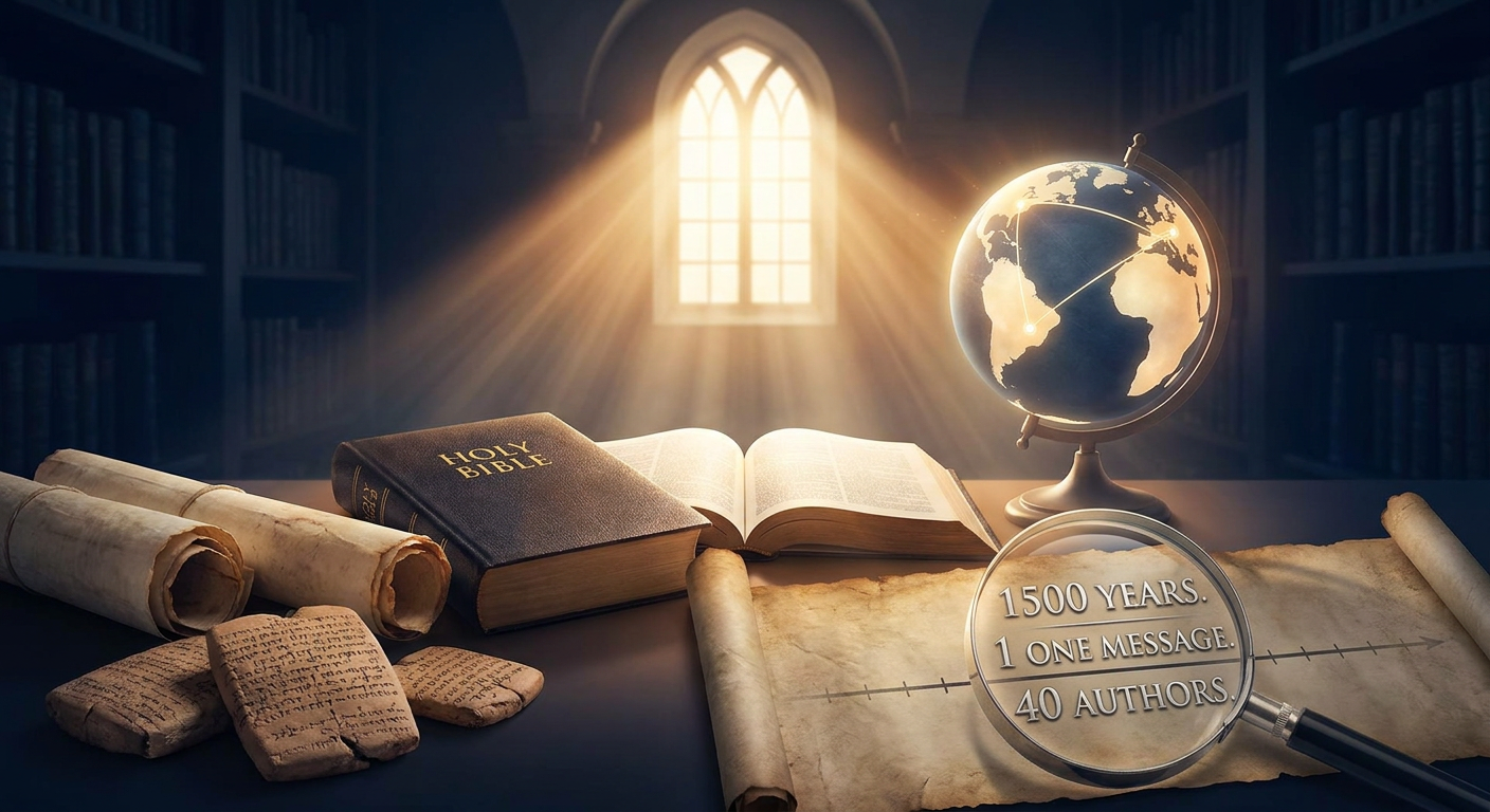 An open Bible and ancient scrolls on a table in a library with a large window allowing sunlight to stream in. A globe, a magnifying glass, and a parchment scroll with a magnified inscription are also on the table.