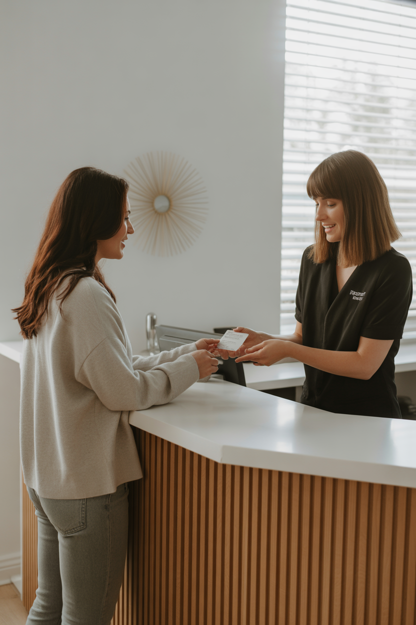 Patient checking in at CUTIS MD Dermatology front desk in Vinings, Atlanta GA.