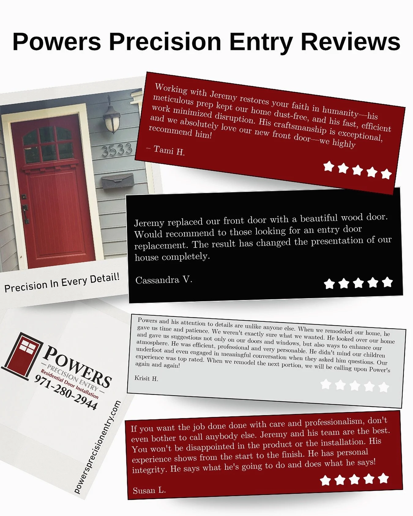 At Powers Precision Entry, every project is approached with care, professionalism, and attention to detail from start to finish. 

These reviews reflect more than just beautiful doors, they reflect the experience, communication, and pride Jeremy brin