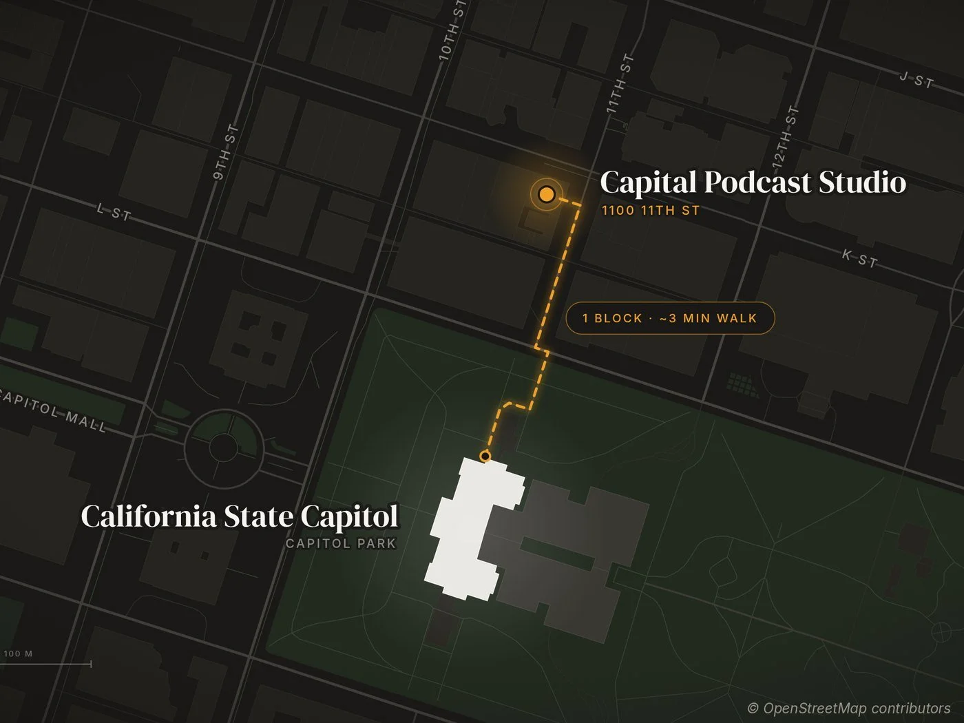 Map showing Capital Podcast Studio at 1100 11th St, one block and about a 3-minute walk from the California State Capitol