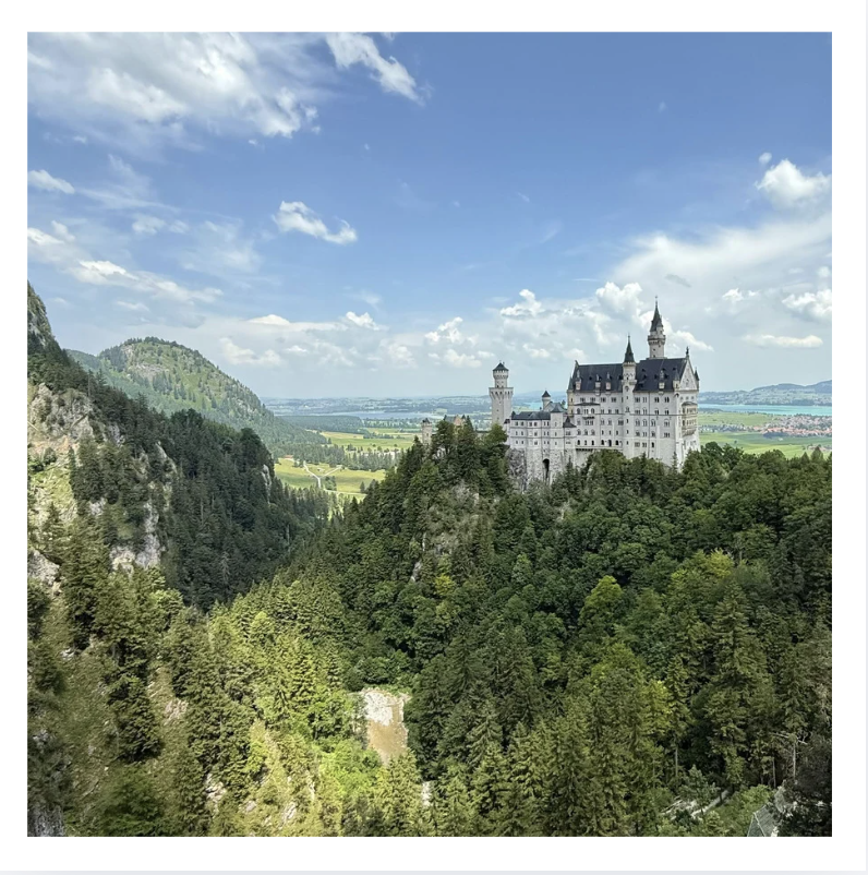 A large castle situated on a hilltop surrounded by dense green forests, under a partly cloudy blue sky.