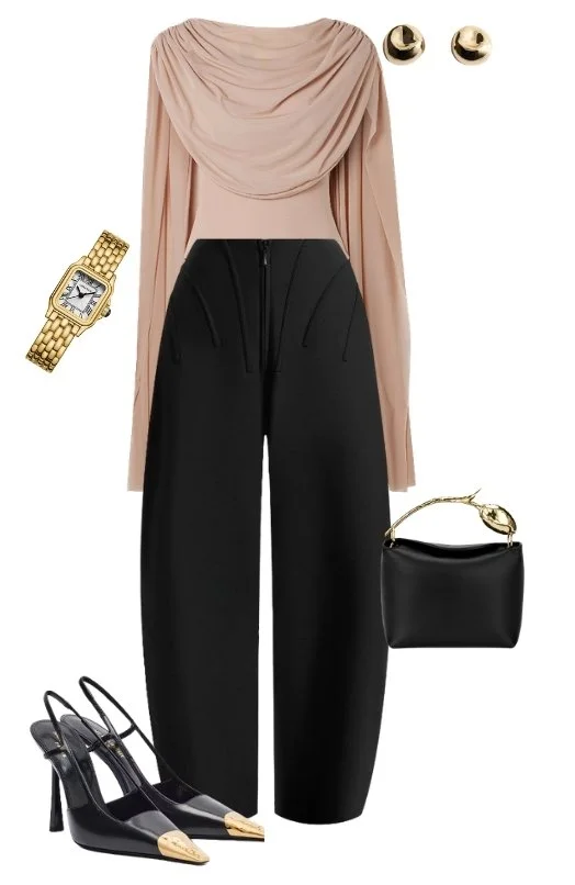 A fashionable outfit consisting of a beige draped top, black high-waisted wide-leg pants with a belt, black pointed-toe heels with gold accents, a black handbag with a gold handle, gold stud earrings, and a gold wristwatch.