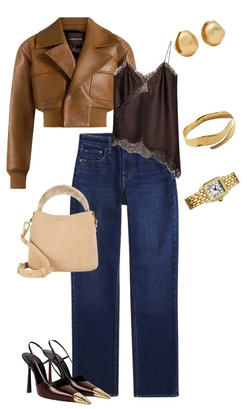 Outfit including a brown cropped leather jacket, black lace camisole, blue jeans, black high heels with gold cap, beige handbag, gold watch, gold ring, and gold earrings.