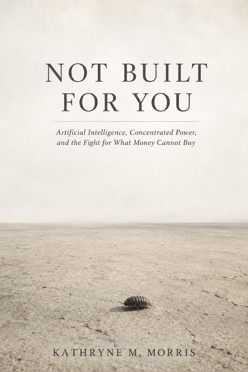 Book cover titled "Not Built for You" by Kathryne M. Morris, featuring a small black pillbug on a cracked, dry ground surface with a plain white background.