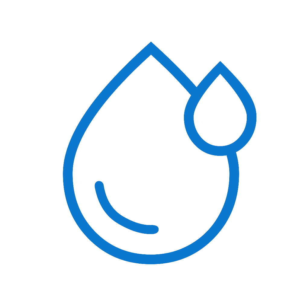 Blue outlined icon of a water droplet with a smaller droplet at the top right of the larger droplet.