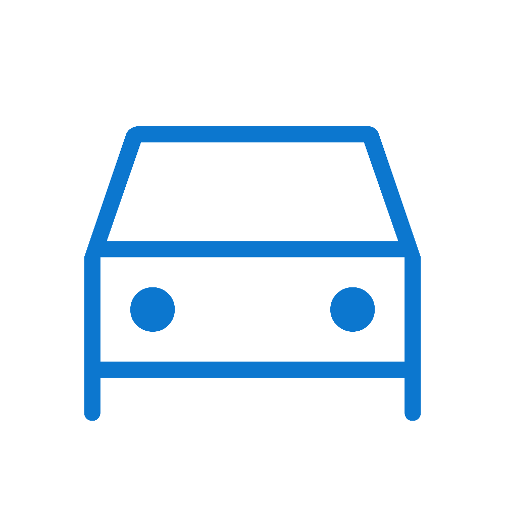 Blue outline of a car's front view with two round headlights and a windshield.