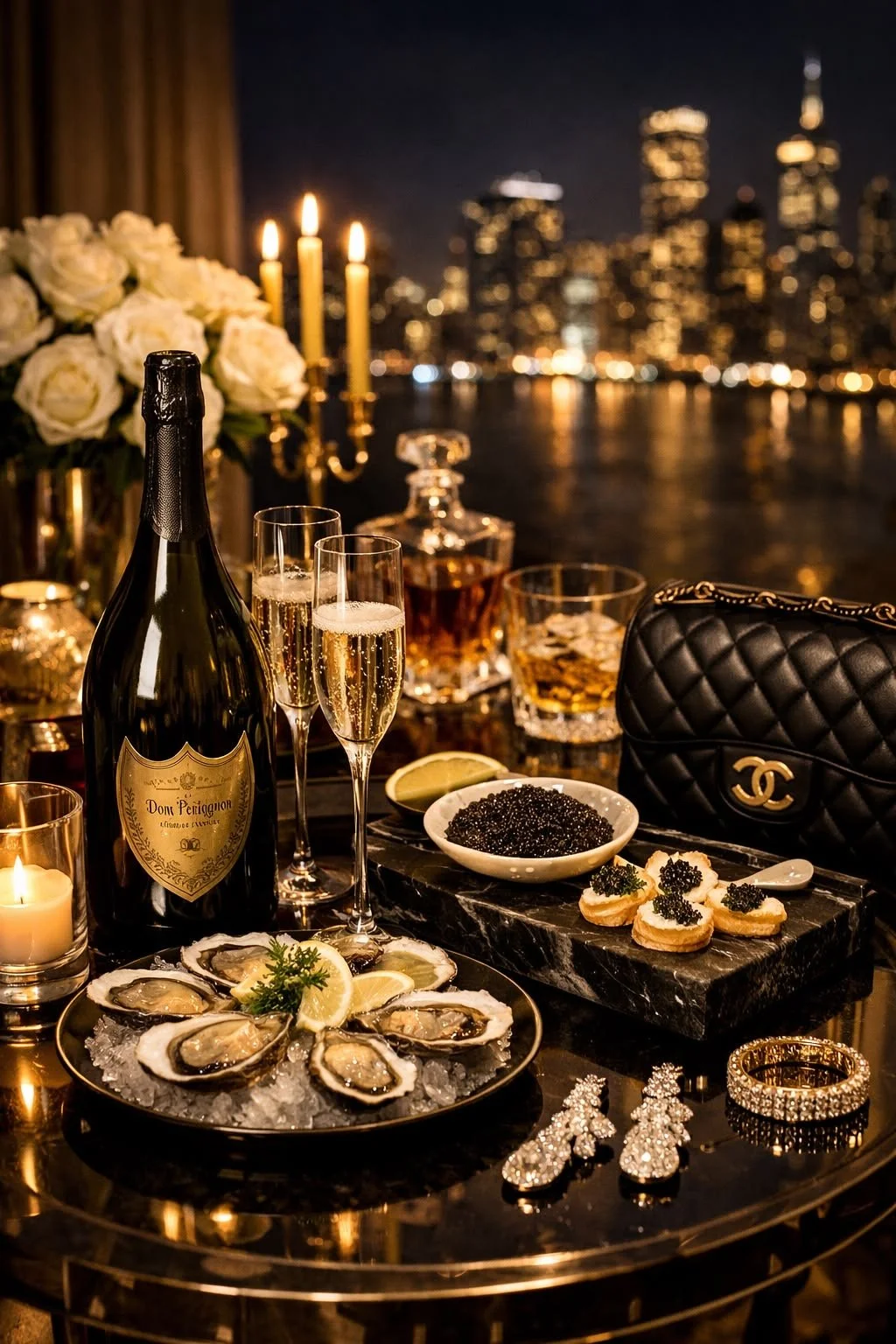 Luxurious dinner table set with oysters on ice, champagne, vodka, caviar, and appetizers, with city skyline at night in the background.