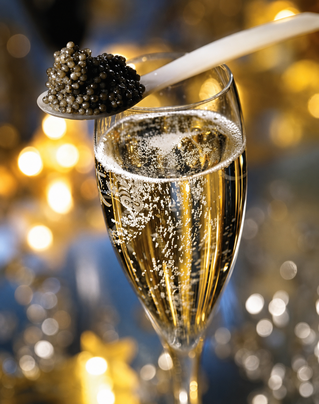 A glass of sparkling champagne with bubbles rising to the top, and a white spoon holding black and gray caviar resting on the rim of the glass, with festive golden lights in the blurred background.