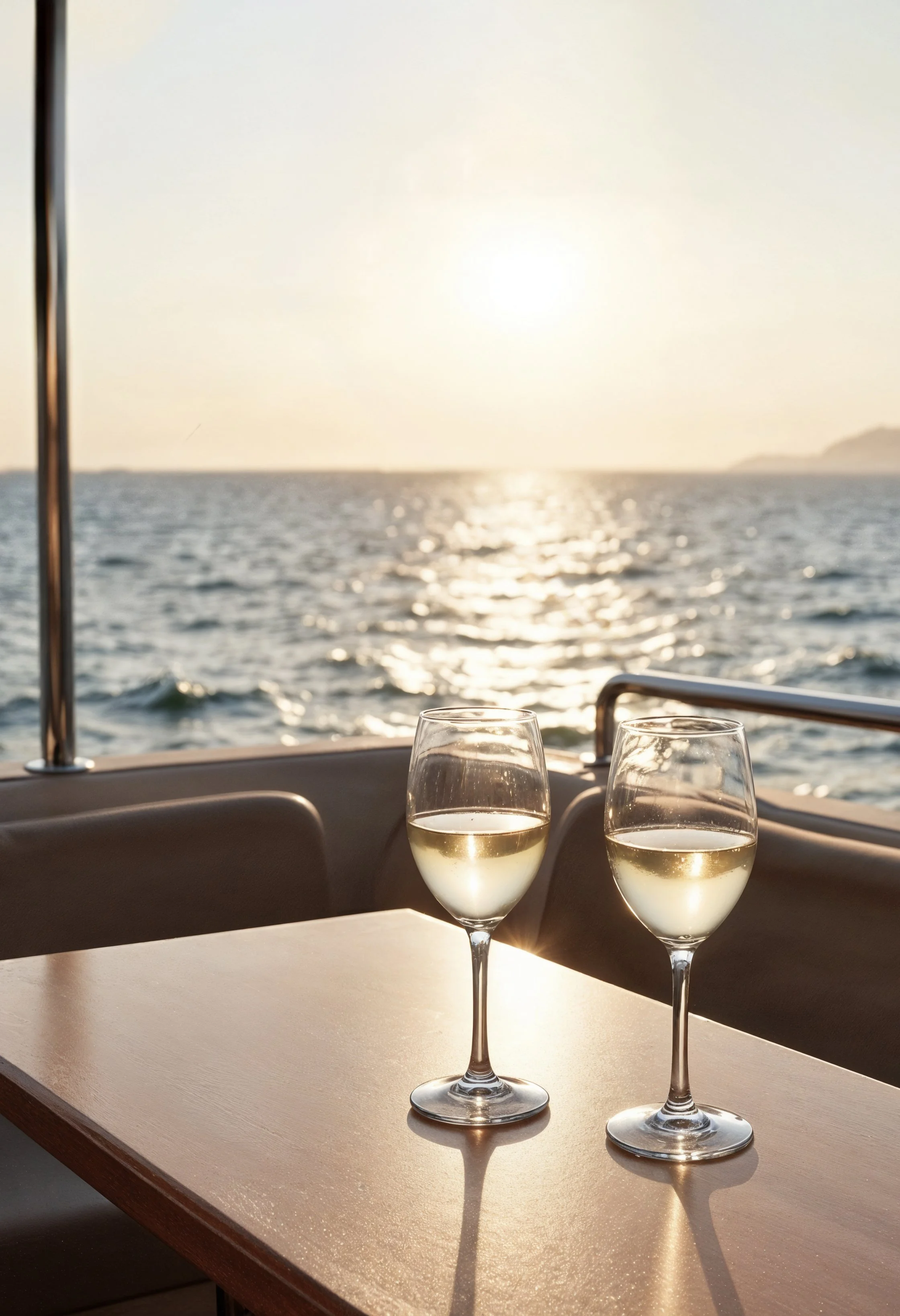 Two glasses of white wine on a boat deck with the ocean and sunset in the background.