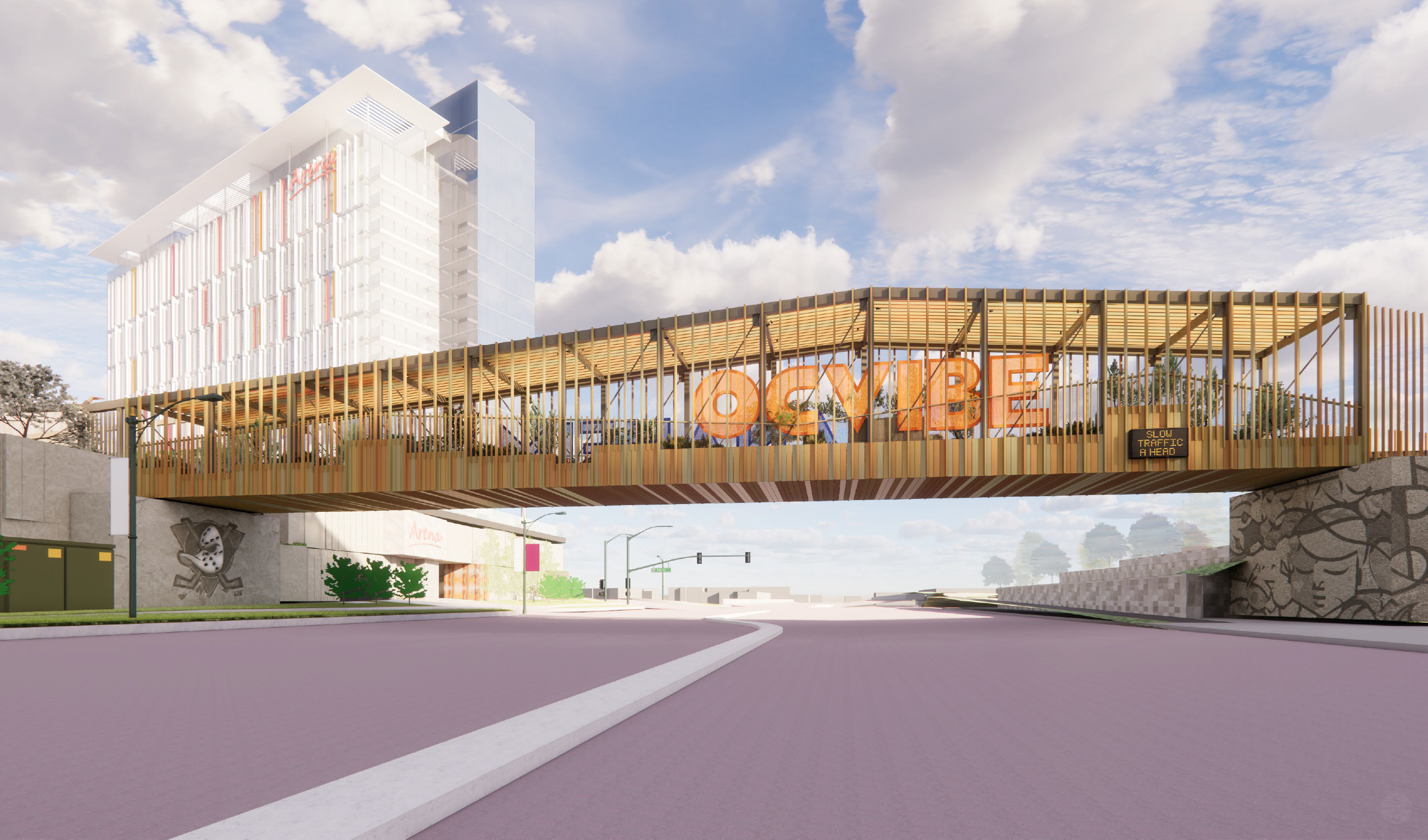 A modern pedestrian bridge with wooden slats and orange large letters spelling 'OCVIBE' spans over a city street.