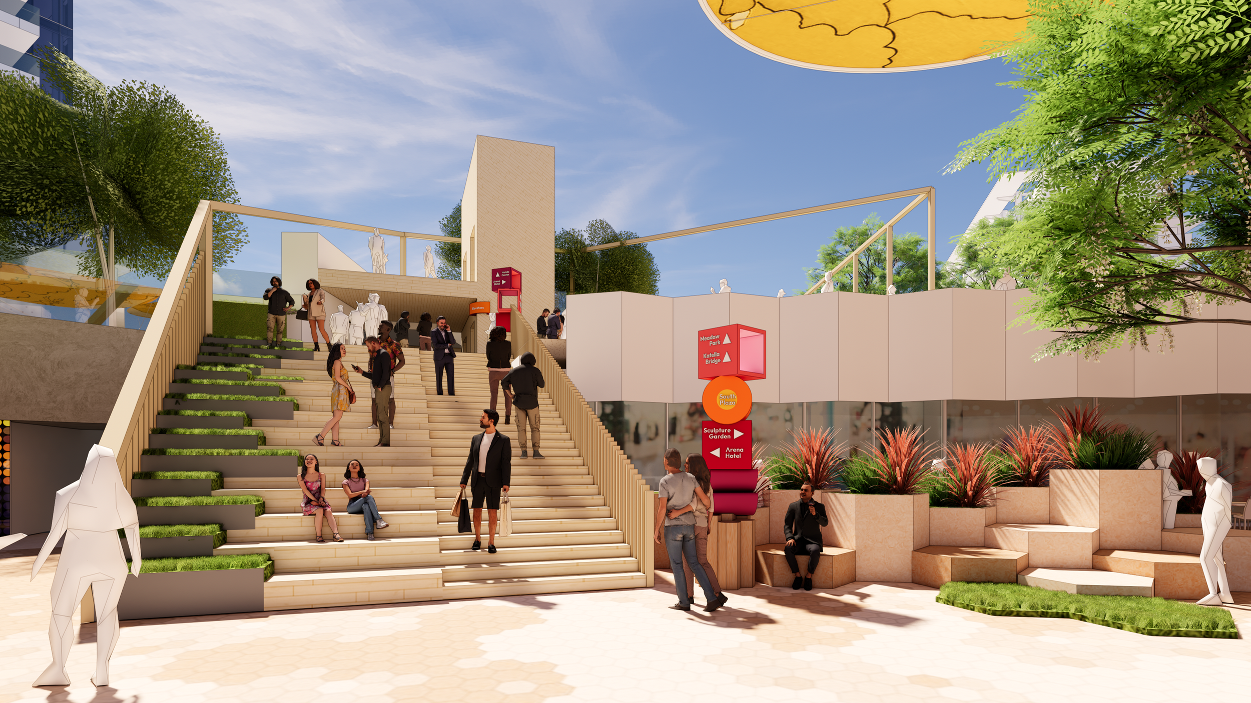 People walking up and down outdoor stairs at a modern public space with trees, sculptures, and a sign indicating directions to Meadow Park, Katella Bridge, South Plaza, Sculpture Garden, and Arena Hotel.