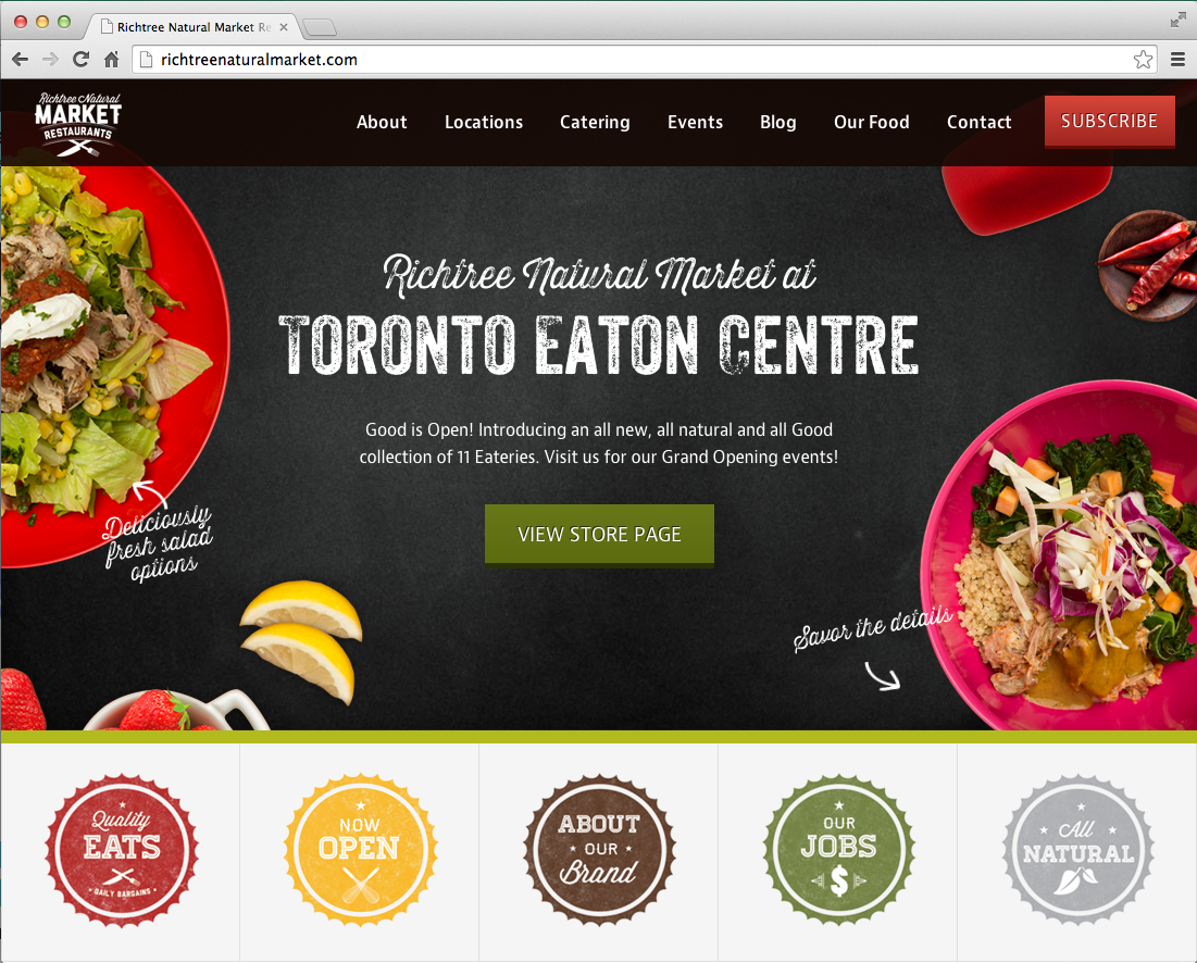 Screenshot of the Richtee Natural Market website homepage, showing menu options, promotional images of salads, slices of lemon, strawberries, and chili peppers.