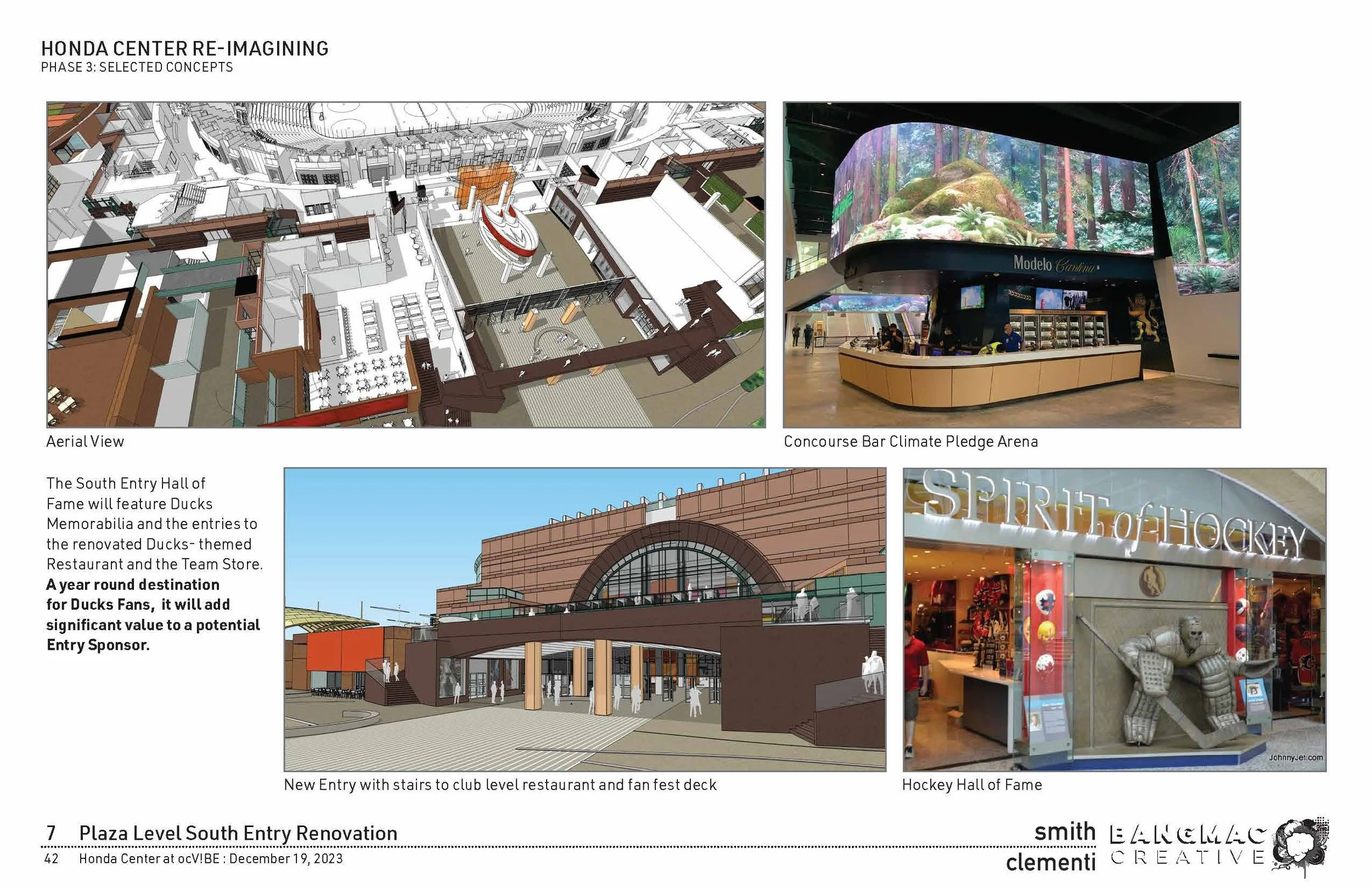 Design plans and interior photos of Honda Center renovation project, including aerial views, concourse bar arena, new entry with stairs, and hockey hall of fame.