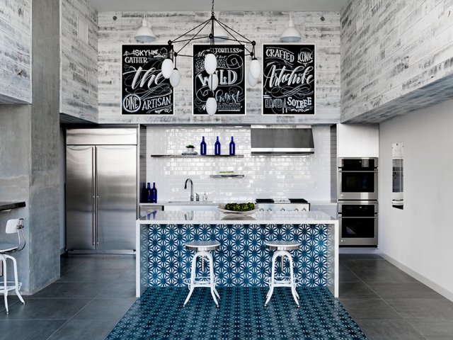 Modern kitchen with white cabinets, stainless steel appliances, a blue-tiled island with two white stools, and black and white artwork hanging above.