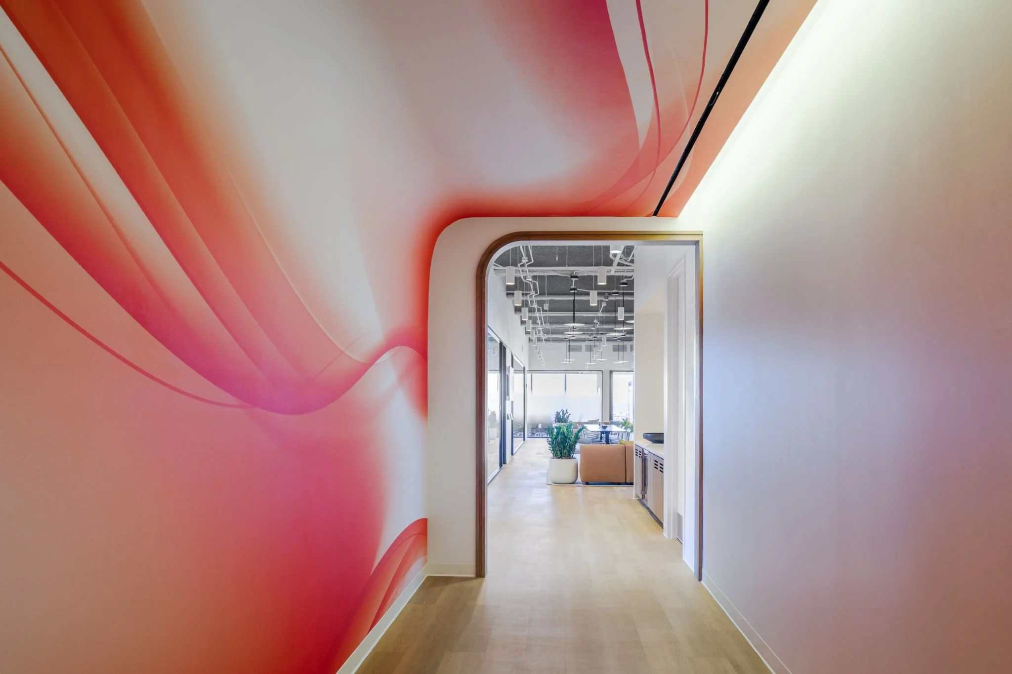 Modern office hallway with white walls, light wood flooring, and a vibrant pink wall with curved lines on the left. There is an open doorway leading to a bright room with plants and seating.