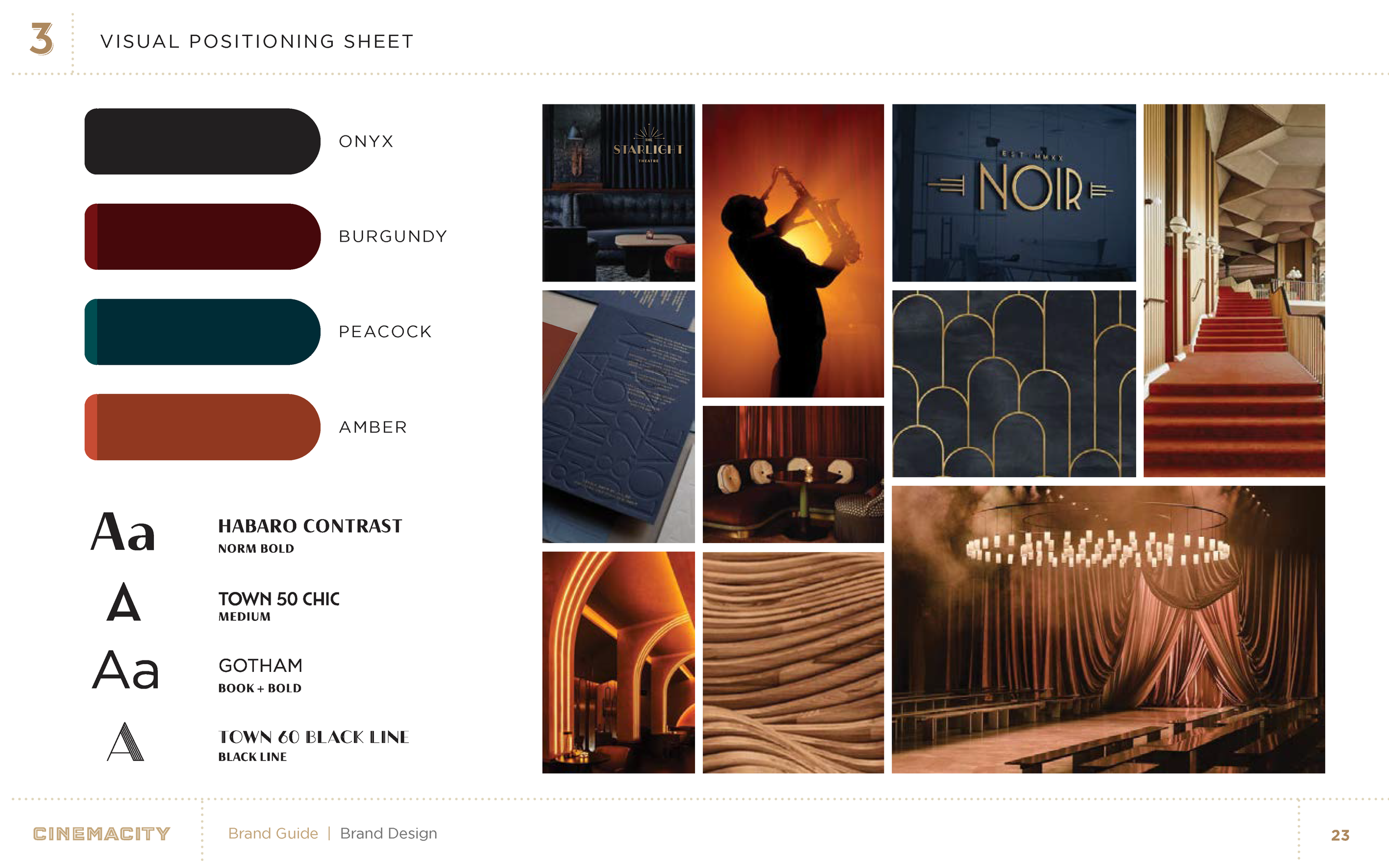 A mood board featuring a visual positioning sheet with images of a theater interior, a person playing a trumpet, golden architecture details, and textured materials, categorized by color palettes and font styles.