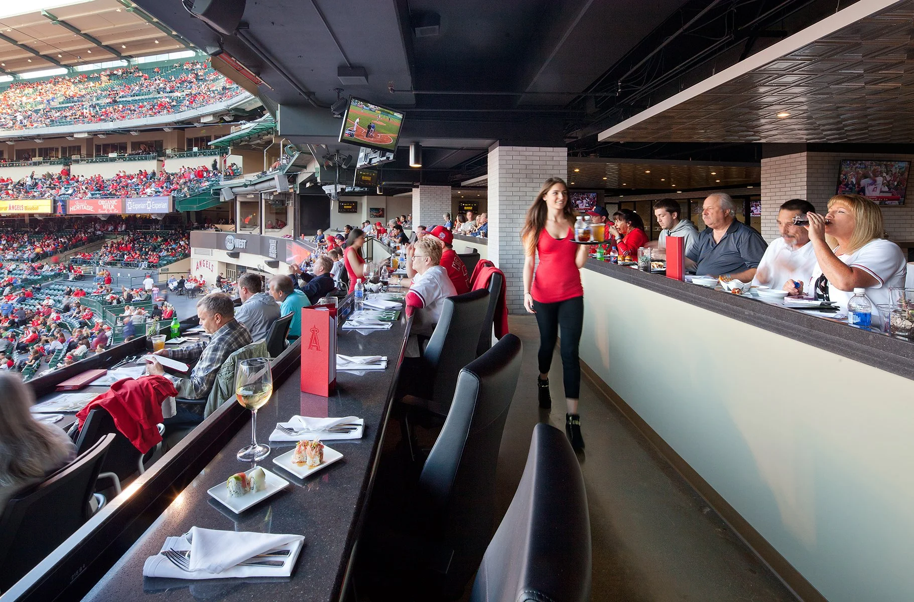 Dining area with view of the stadium at Halo Angel Stadium.