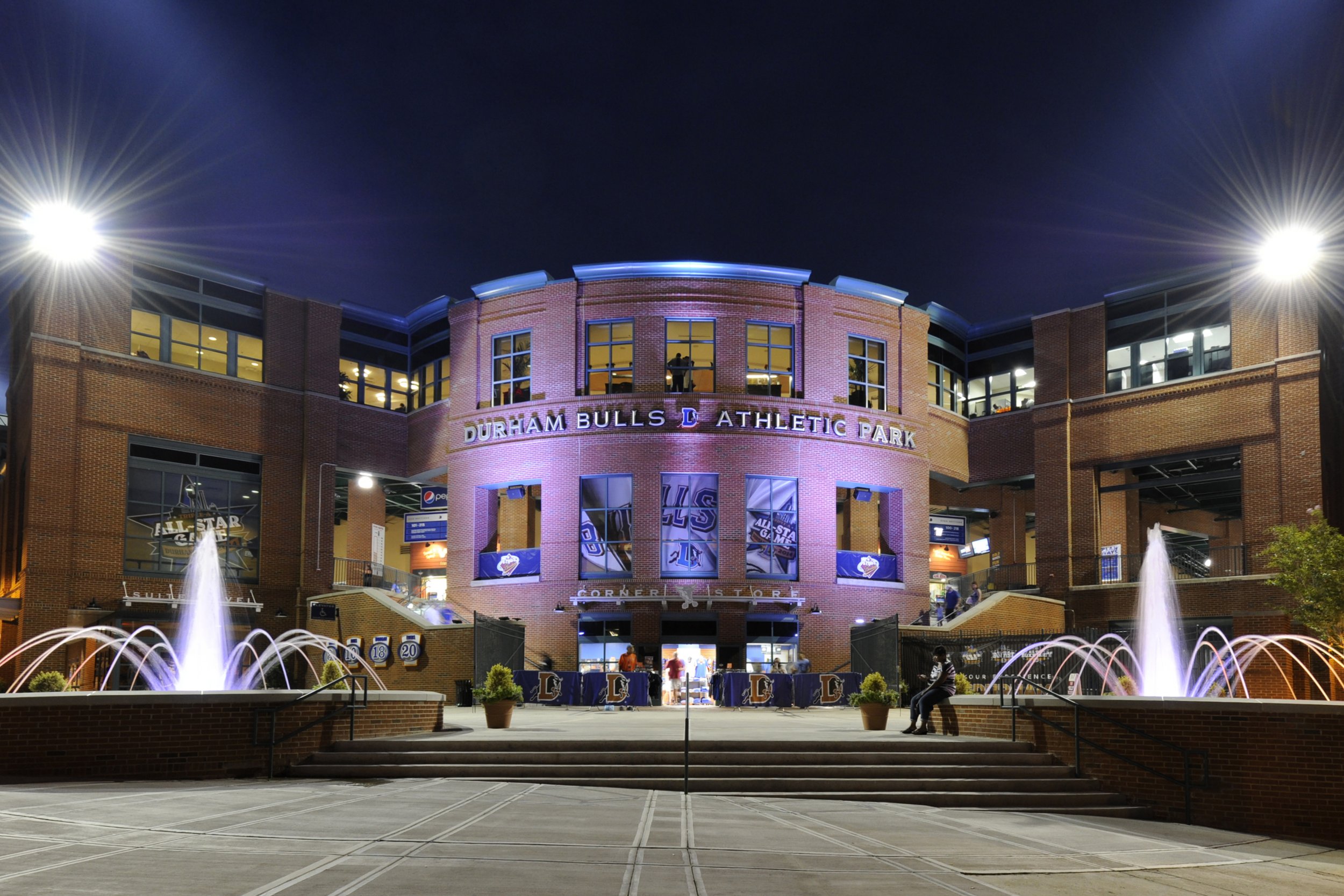 Night view of Durham Bulls Athletic Park exterior
