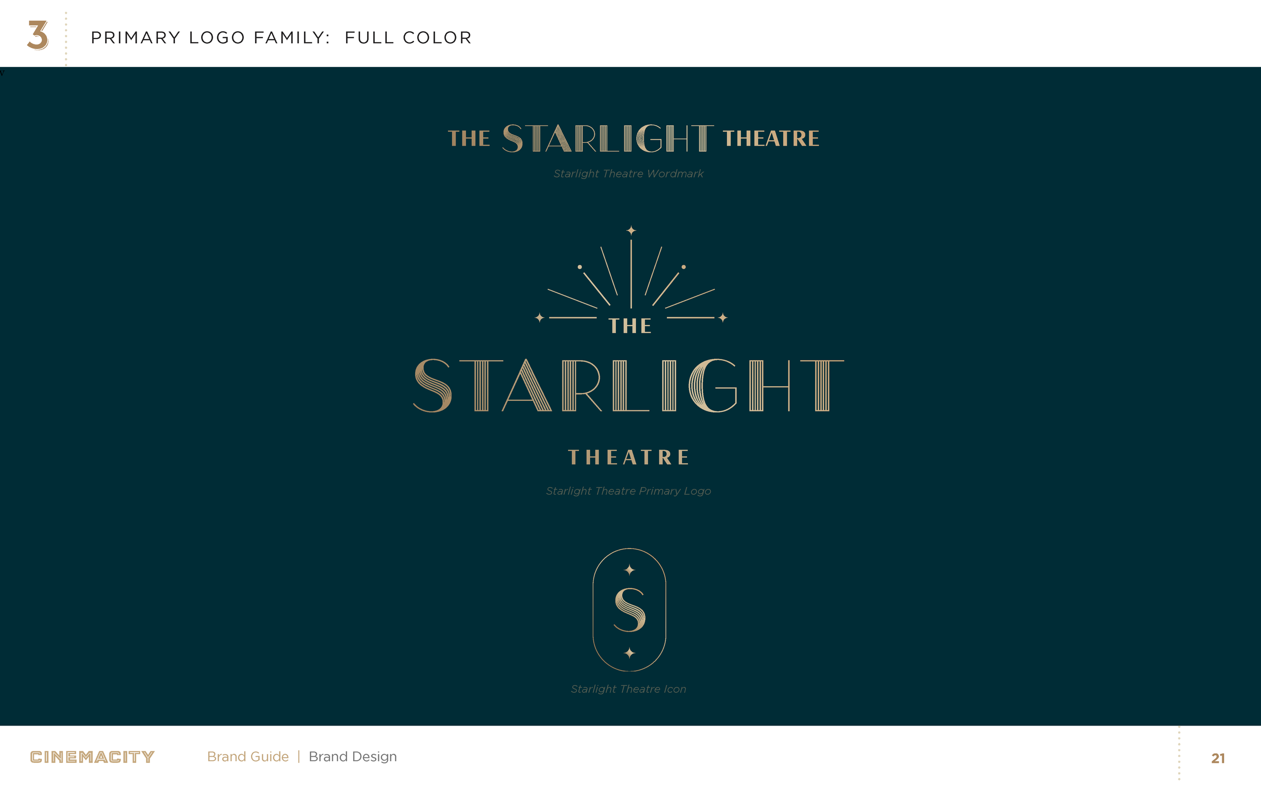 Design of a logo for 'The Starlight Theatre' featuring a starburst graphic and stylized text with art deco elements, in full color on a dark teal background.