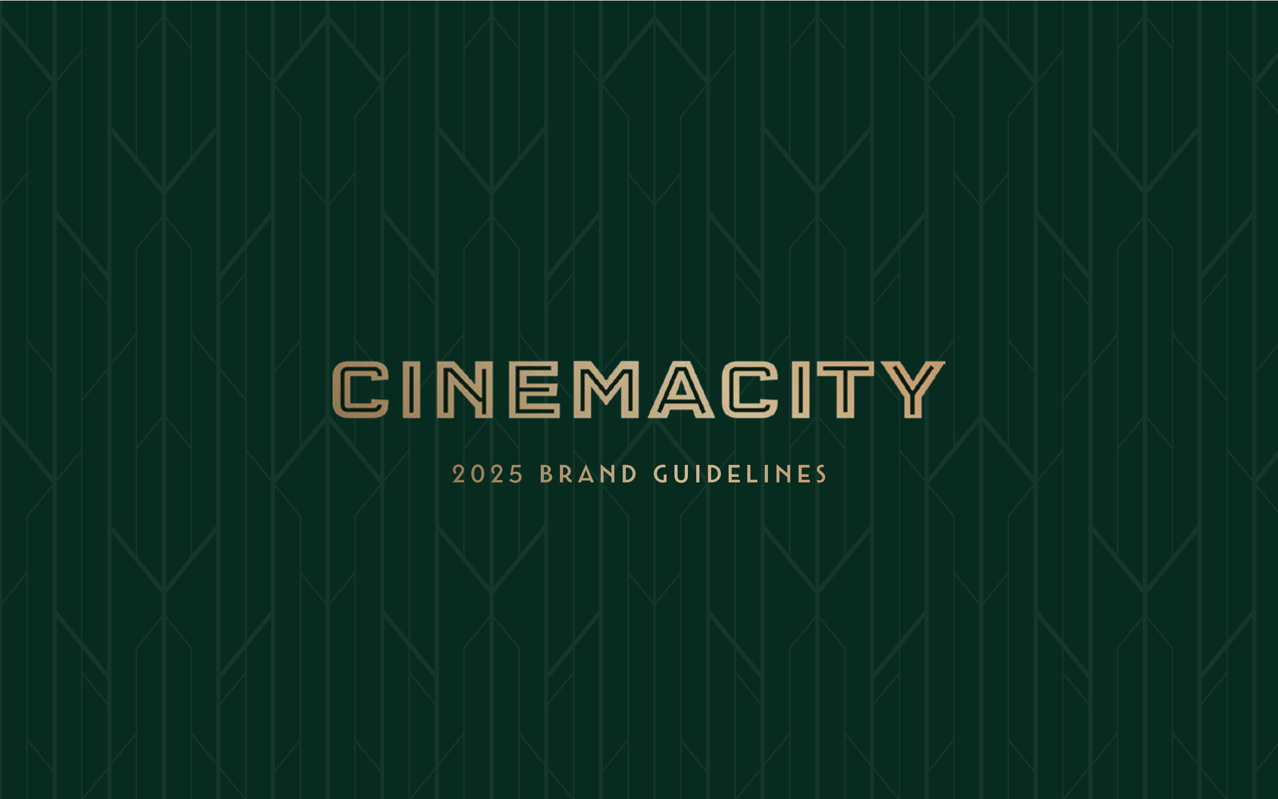 Cover page of a brand guidelines document for Cinemacity, dated 2025, with a dark green geometric patterned background and beige text.