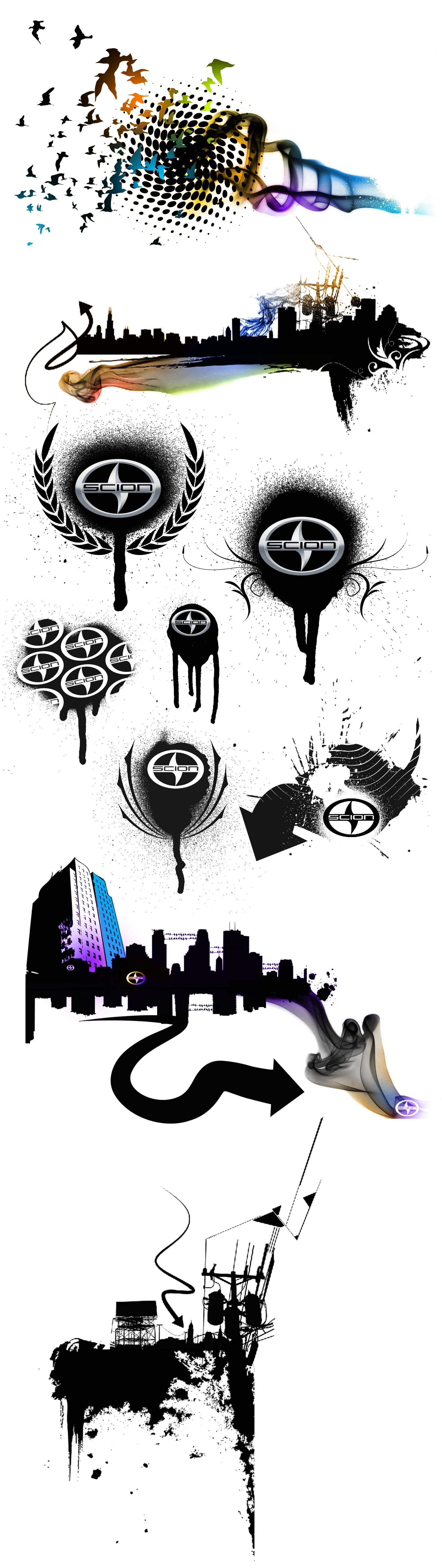 Abstract artwork featuring black and white silhouettes of a city skyline, dripping paint effects with multiple circular logos, colorful splashes, a winding arrow, and urban elements like buildings and power lines, symbolizing urban life and creativit