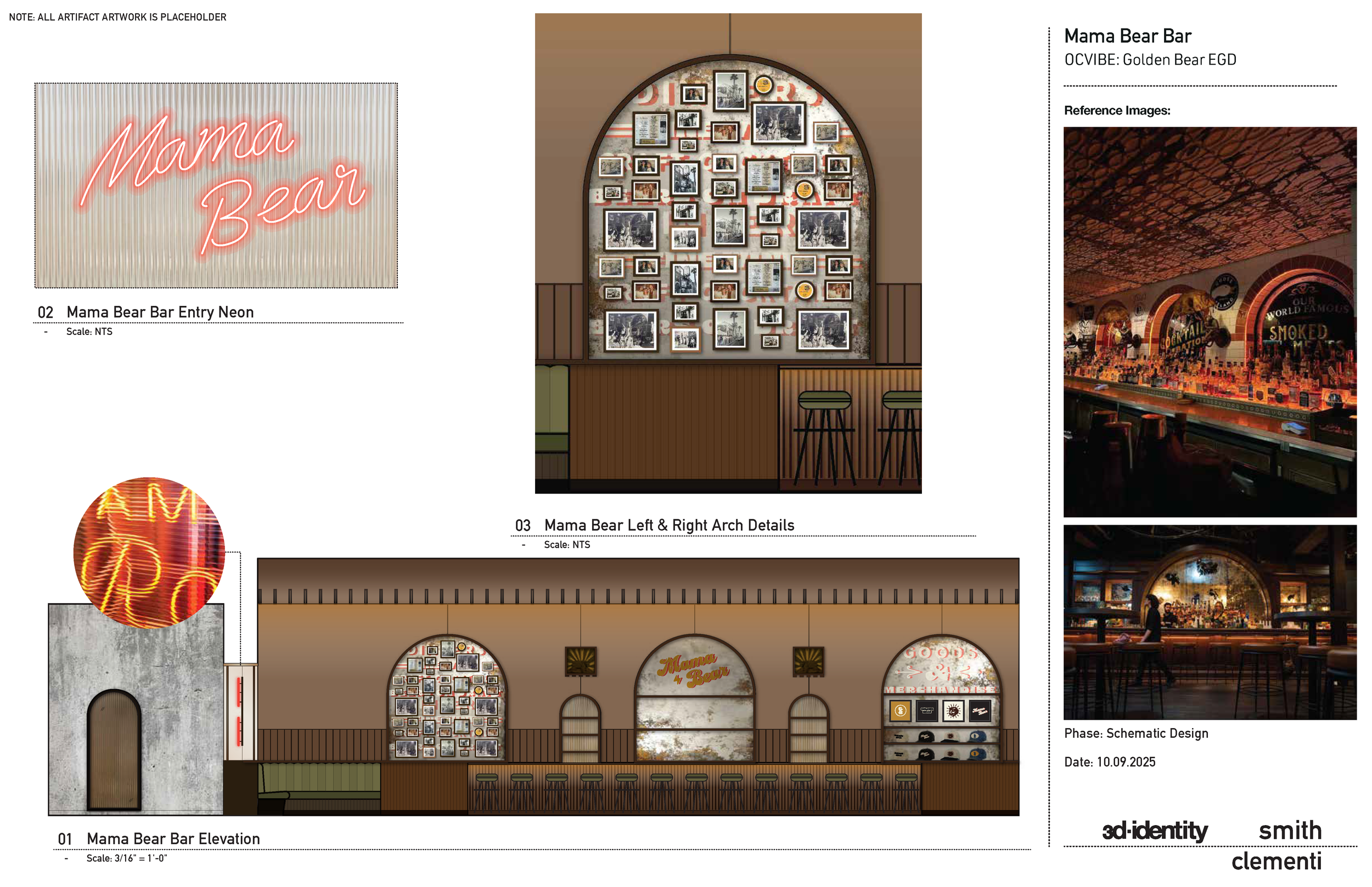 Design plan for Mama Bear Bar featuring a neon sign reading 'Mama Bear', a gallery wall with framed pictures, a bar with neon signage, and interior decorative details.