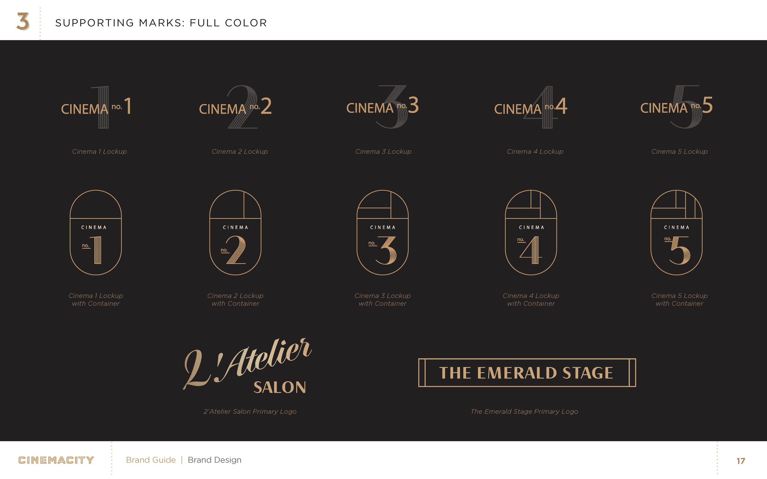 Page from a design guide showing logo options for a cinema or salon, labeled with numbers 1 through 5 and descriptions of each logo style with lockup and container variations.