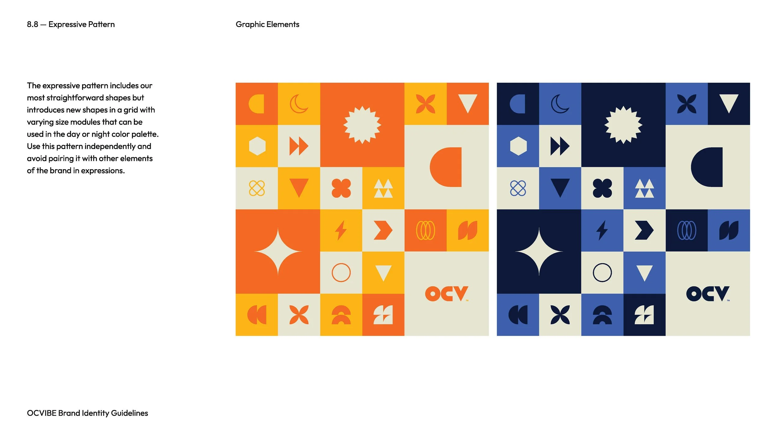 Image showing two color palette patterns, one in orange and the other in blue, featuring various geometric and abstract shapes, associated with OCVibe brand identity guidelines.