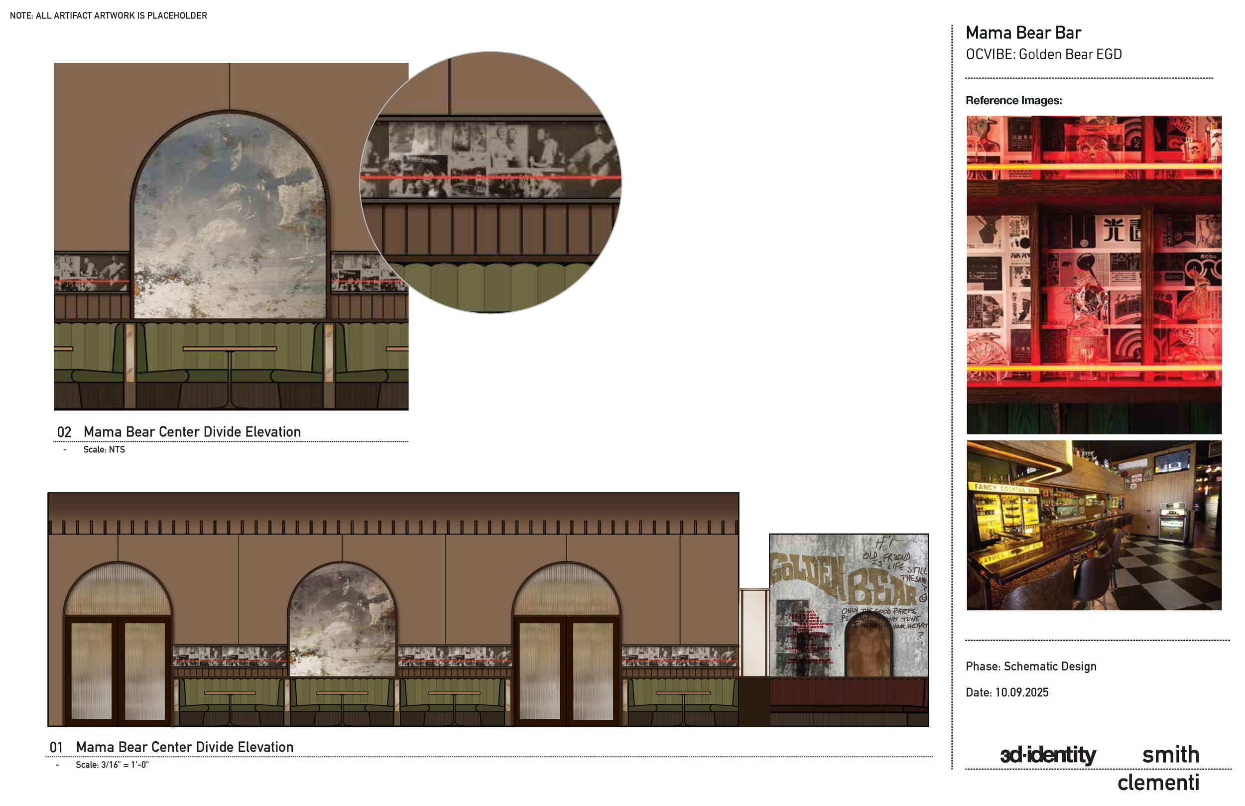 Design schematic of the Mama Bear Center Divide Elevation featuring a brick facade with arches, large windows, and mural art, accompanied by a color palette and reference images of a themed bar interior with neon lighting and vintage décor, dated Oct