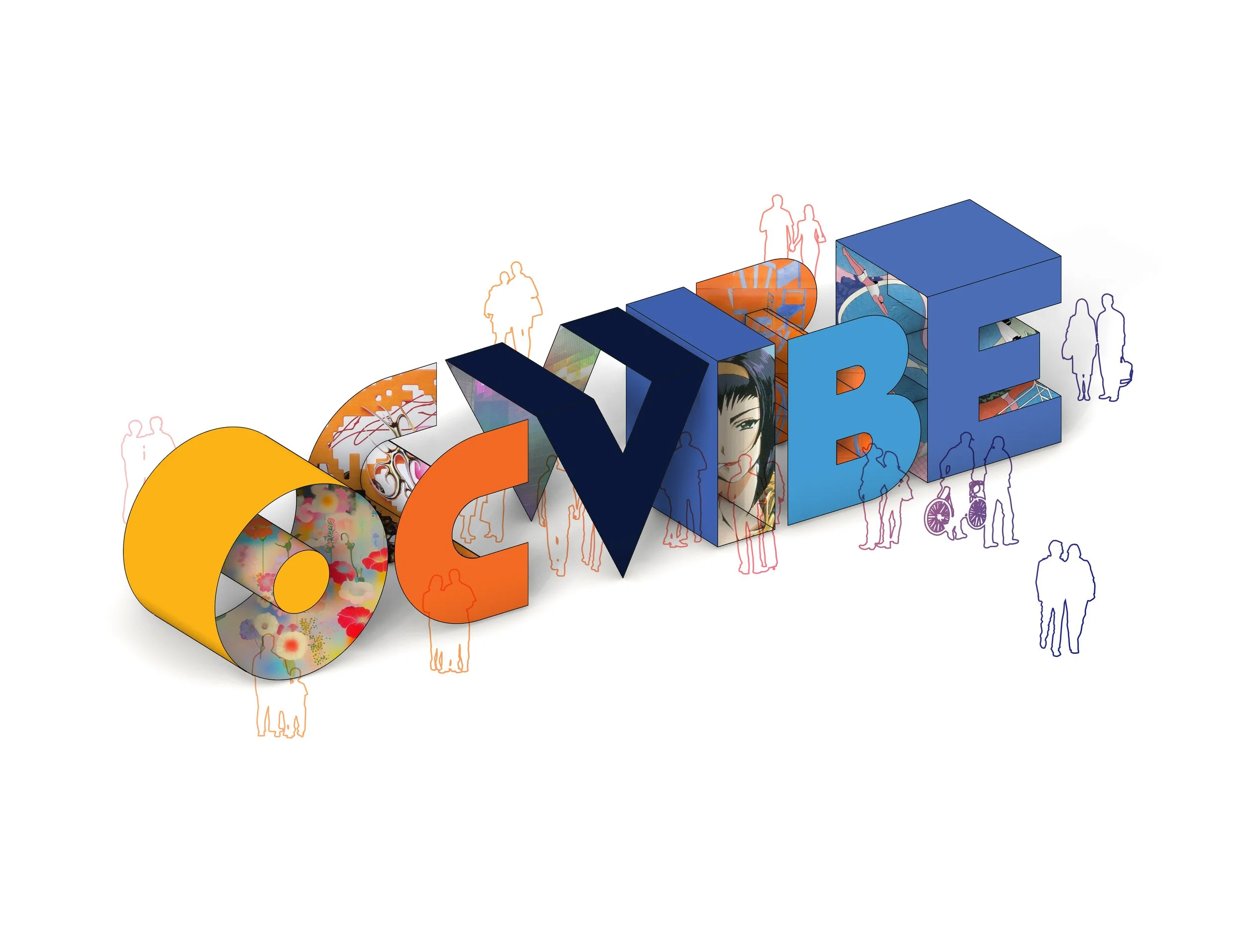 Colorful 3D artwork spelling out the word "OCVIBE" with each letter filled with vibrant illustrations, surrounded by faint outline figures of people.
