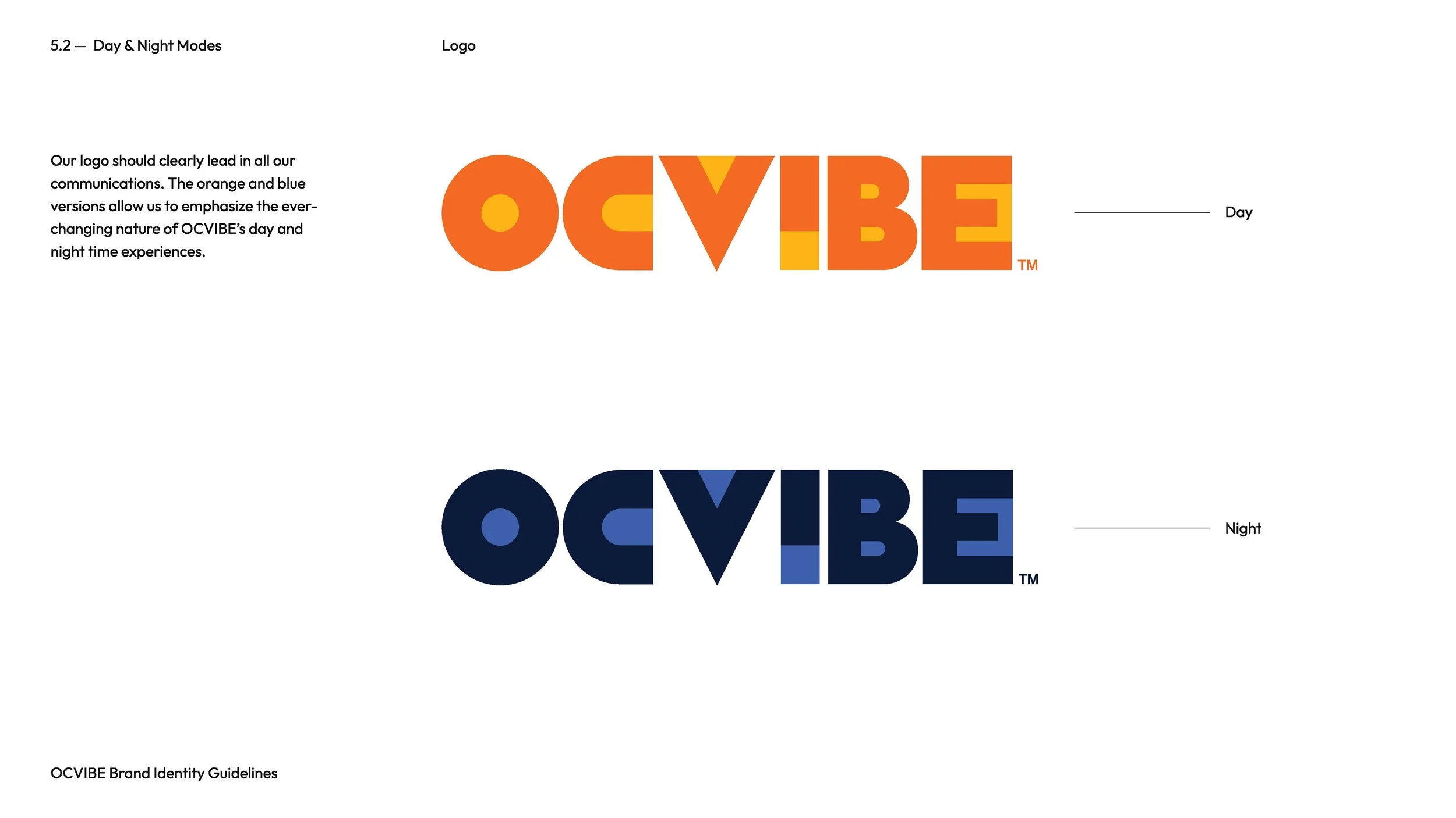 Two versions of the OCVIBE logo shown, one in orange and yellow for day mode, and one in dark blue and lighter blue for night mode, from a brand identity guideline document.