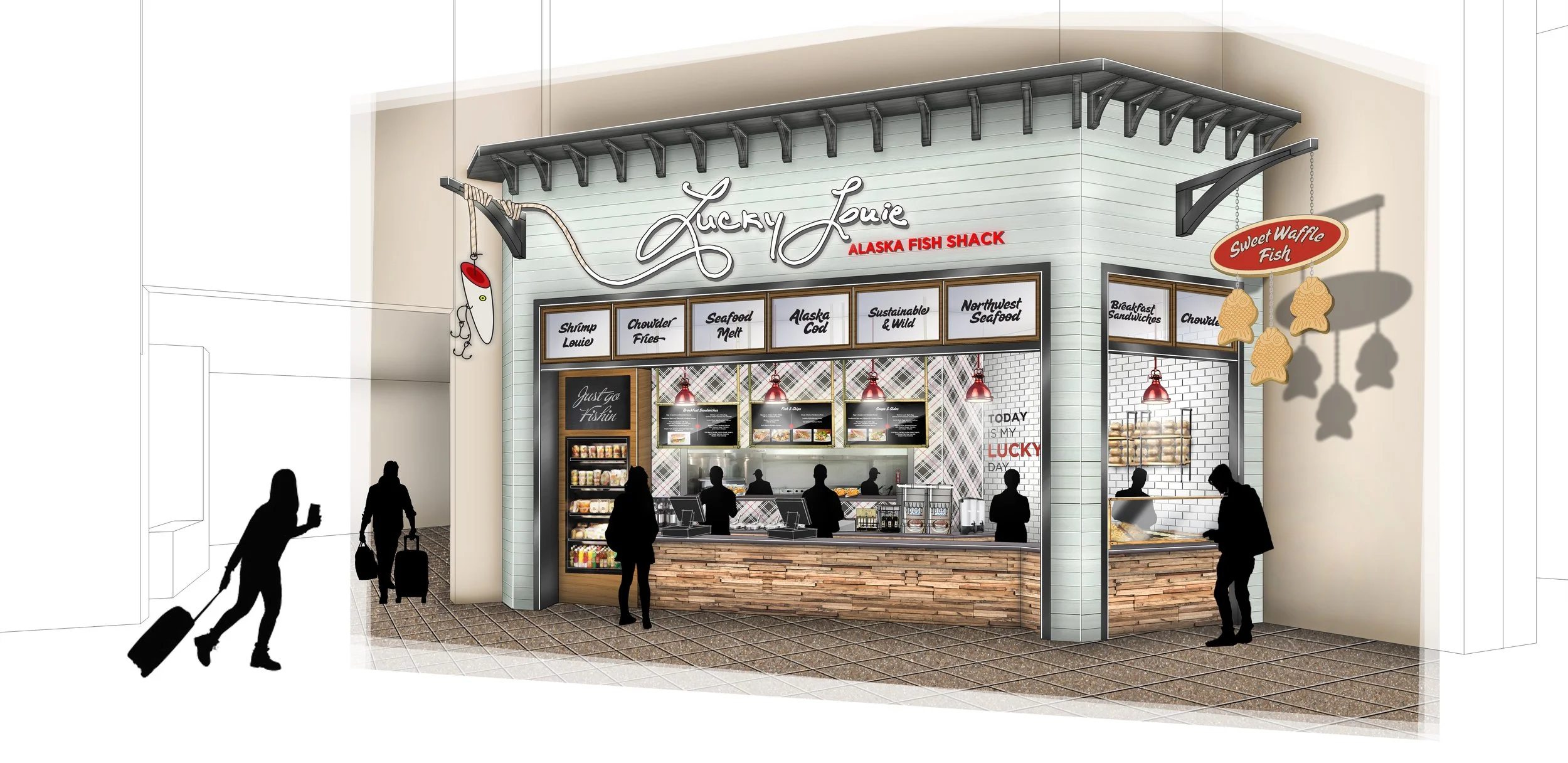 Design of Lucky Louie Alaska Fish Shack restaurant with menu items, signs, and customers at counter.