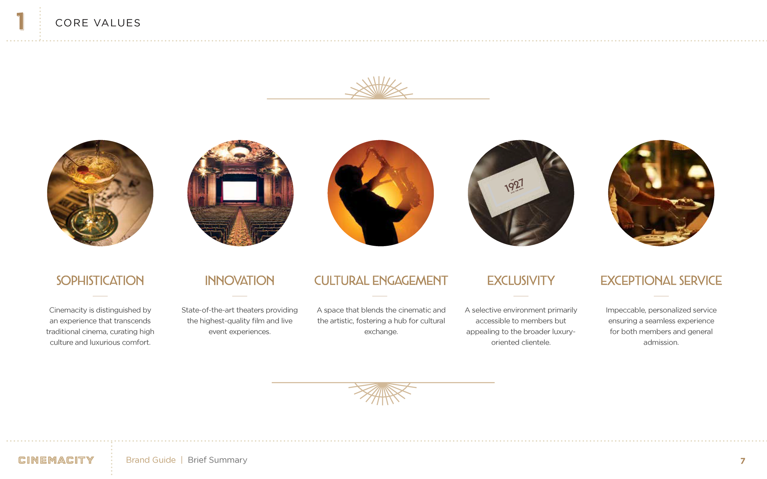 A digital layout featuring five circular images representing core values