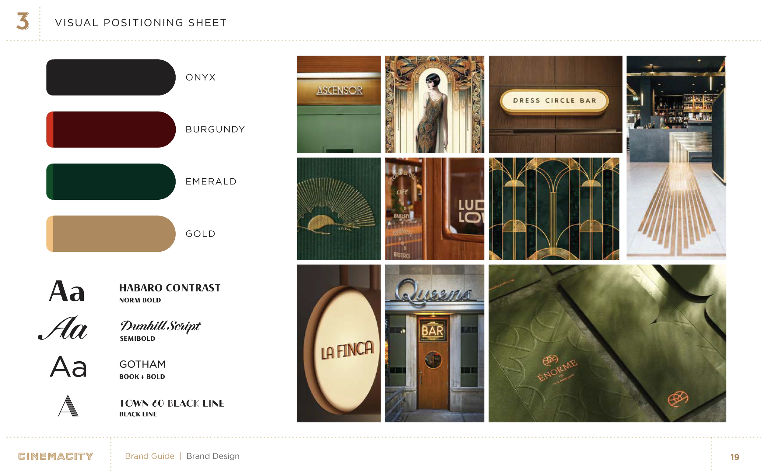 A visual branding guide with various signage and interior design elements including neon signs, wall art, and architectural details, showcasing different color palettes and font styles.