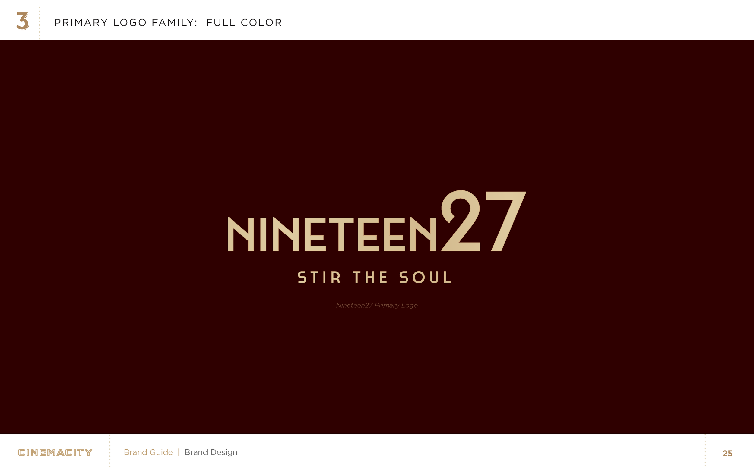 Page from a brand guide showing the primary logo family for Nineteen27 in full color, with the tagline 'Stir the Soul.'