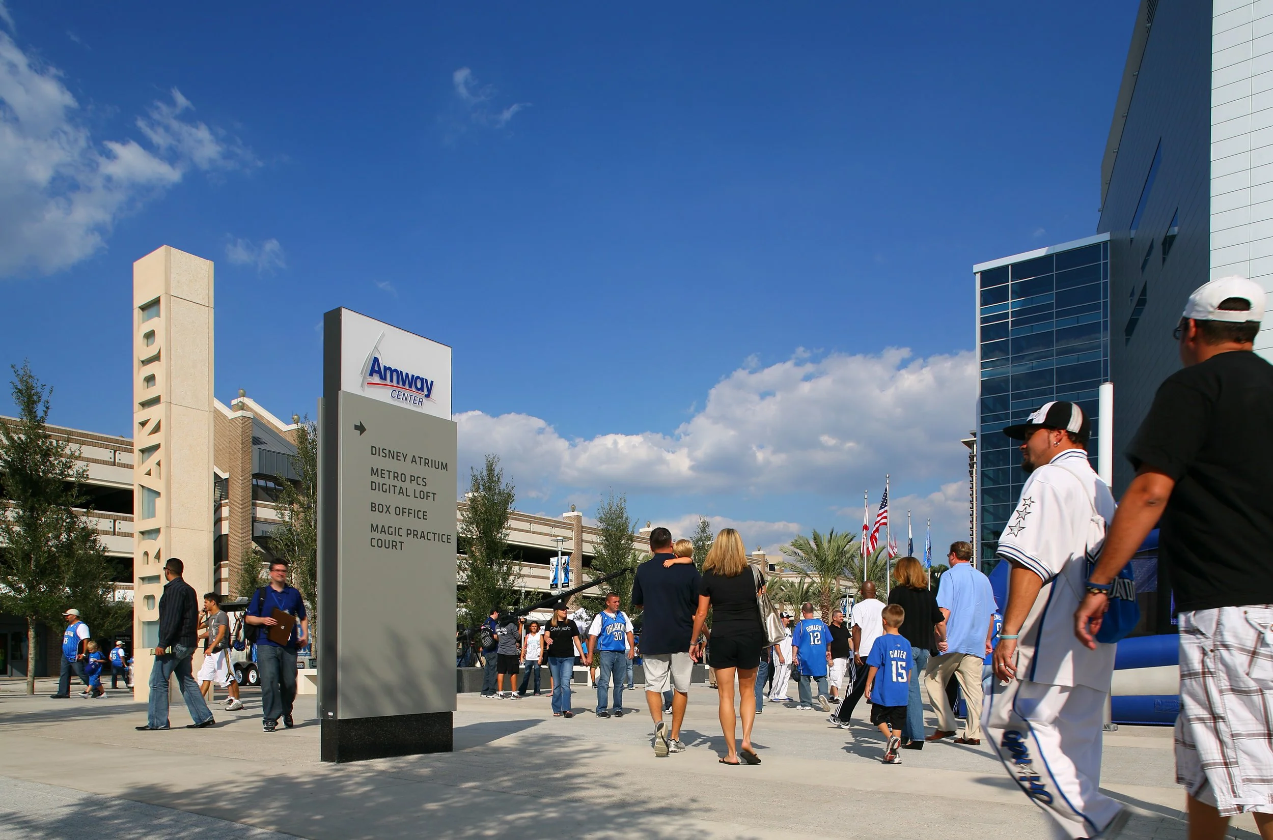 Exterior of Amway Center, with directional signage