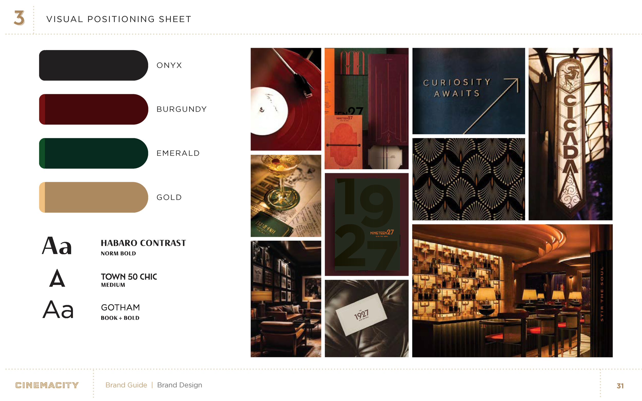 A visual positioning sheet showing color palettes, typography options, and interior design images for a brand guide. The color options are ONYX, BURGUNDY, EMERALD, and GOLD. Typography includes HABARO CONTRAST, TOWN 50 CHIC, and GOTHAM. The images de