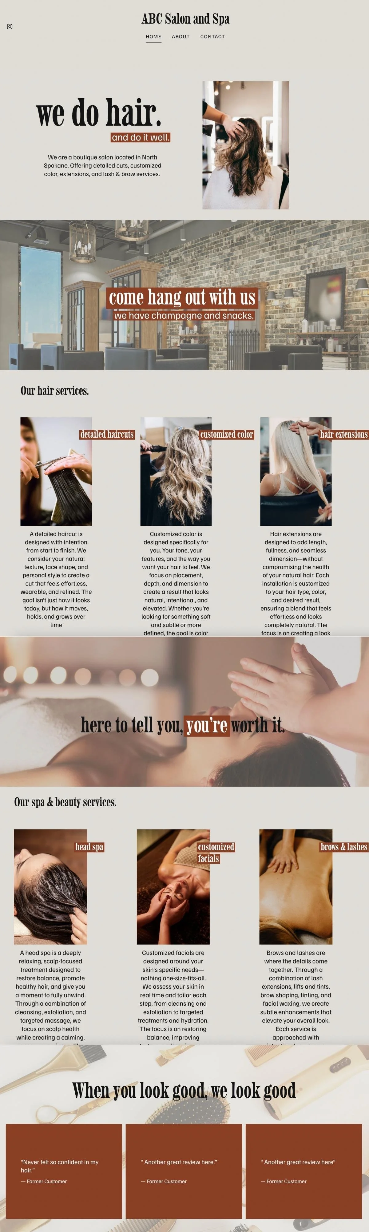 Homepage design for a salon and spa, showcasing services like haircuts, color, extensions, and skincare, along with client testimonials and a clean, modern layout.