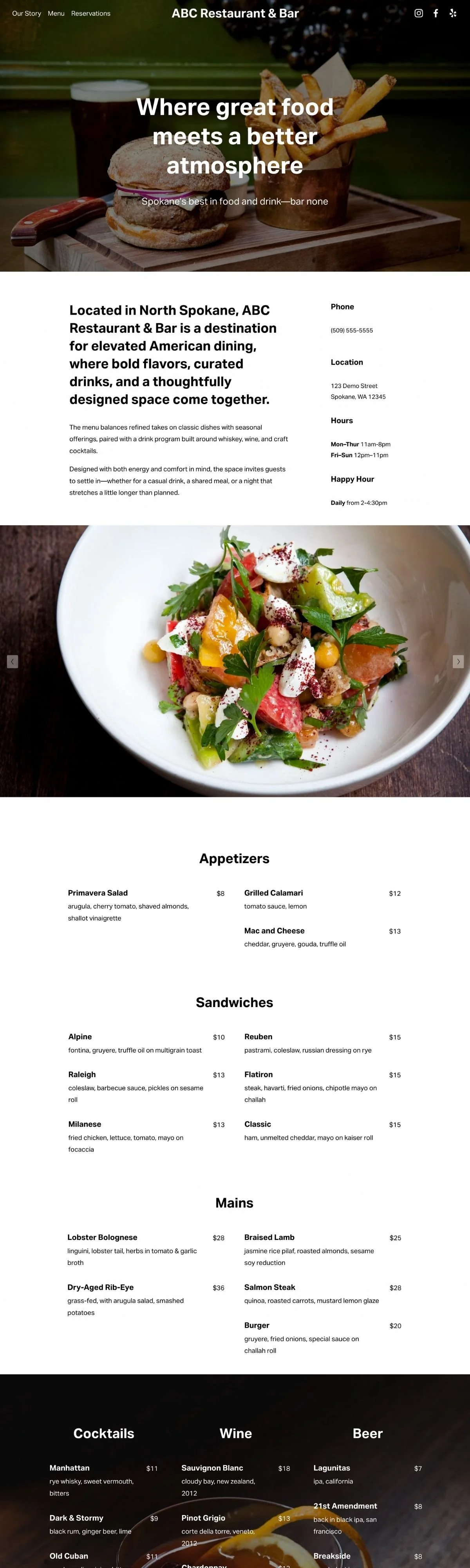 Restaurant website homepage featuring a burger, fries, and beer, designed to highlight menu items, atmosphere, and a casual dining experience.
