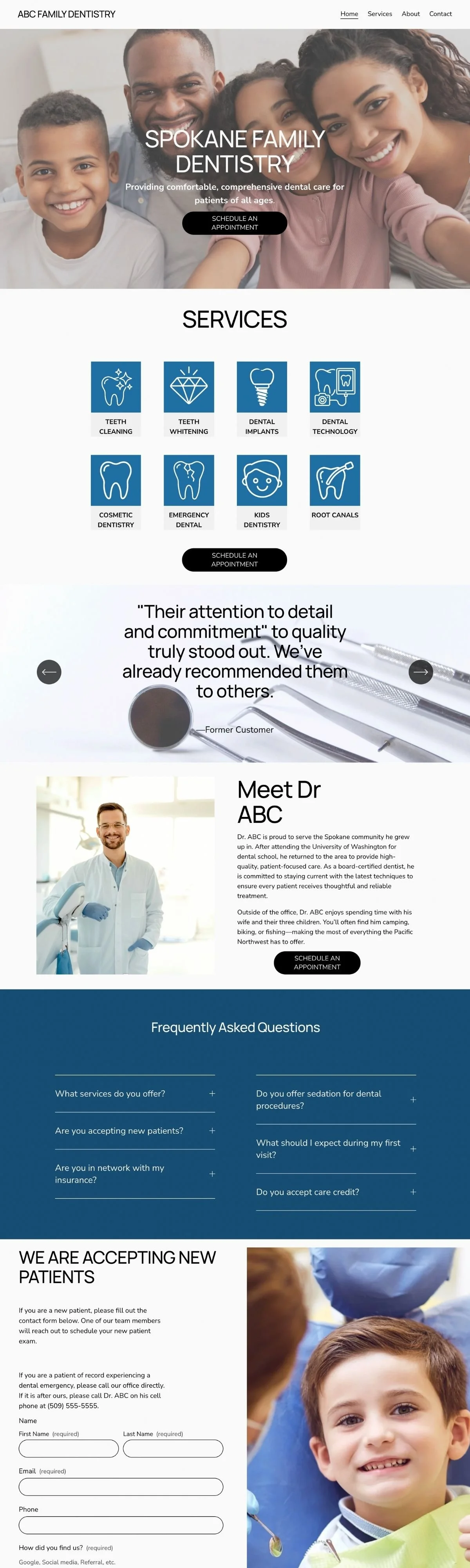 Homepage design for a family dental practice, featuring patient-friendly navigation, service listings, testimonials, and information for new patients