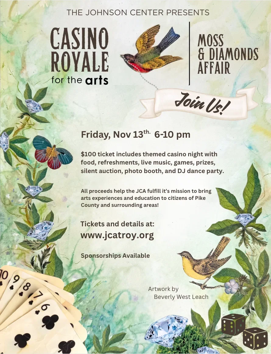 Event poster for Casino Royale for the arts, a Moss & Diamonds Affair, scheduled for Friday, November 13th from 6 to 10 pm. The poster features illustrations of birds, butterflies, leaves, diamonds, and dice, with a background of soft watercolor textures, and an image of playing cards in the lower left corner.