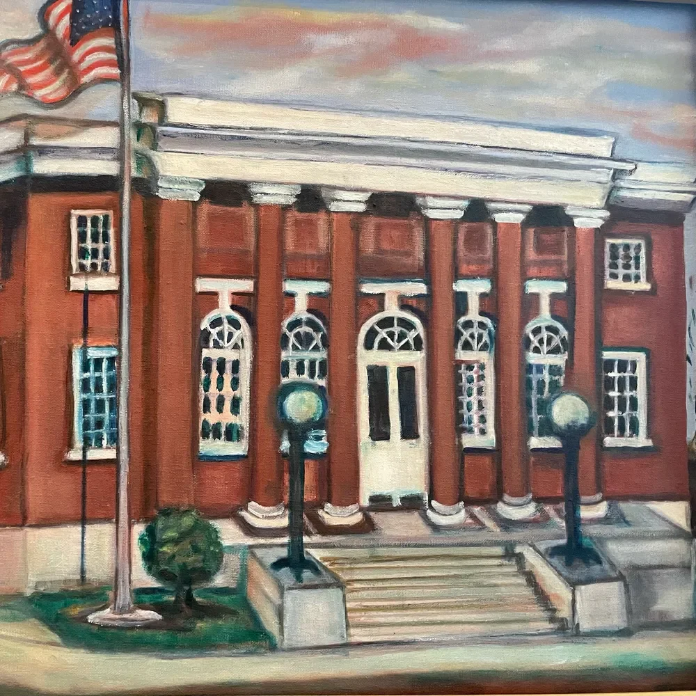 Painting of a red brick courthouse with steps, white columns, arched windows, and an American flag on a flagpole outside.